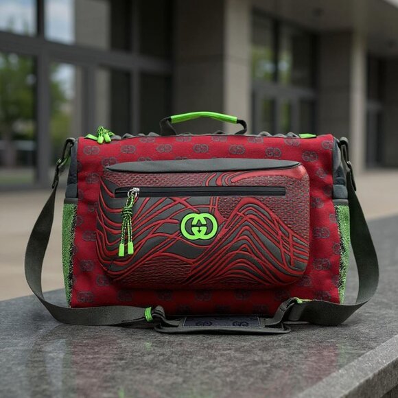 Gucci Men's Duffle Bag GG Jacquard Nylon & Rubber Large Color Gray-Green-Red - Picture 13 of 16